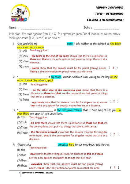 Determiners Exercise 3 - Answer Key and Teaching Guide - Worksheet Wizard