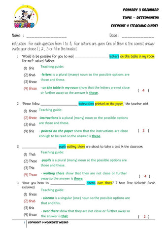 Determiners Exercise 4 - Answer Key and Teaching Guide - Worksheet Wizard