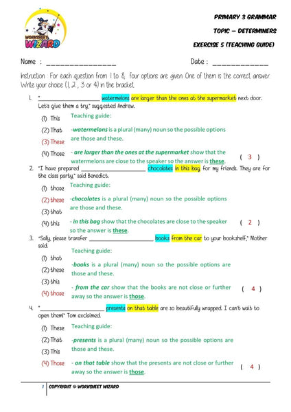 Determiners Exercise 5 - Answer Key and Teaching Guide - Worksheet Wizard