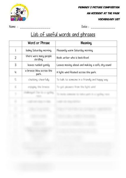 List of useful words and phrases - An accident at the park - Worksheet Wizard