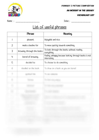 List of useful words and phrases - An incident in the library - Worksheet Wizard