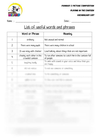 List of useful words and phrases - Playing in the canteen - Worksheet Wizard