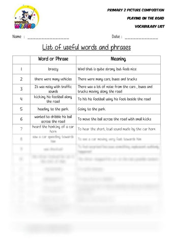 List of useful words and phrases - Playing on the road - Worksheet Wizard