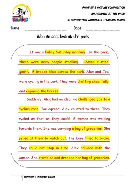 Model Story Worksheet - An accident at the park - Worksheet Wizard