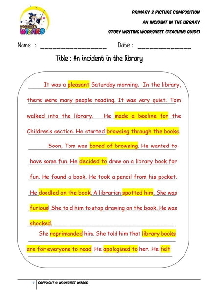 Model Story Worksheet - An incident in the library - Worksheet Wizard