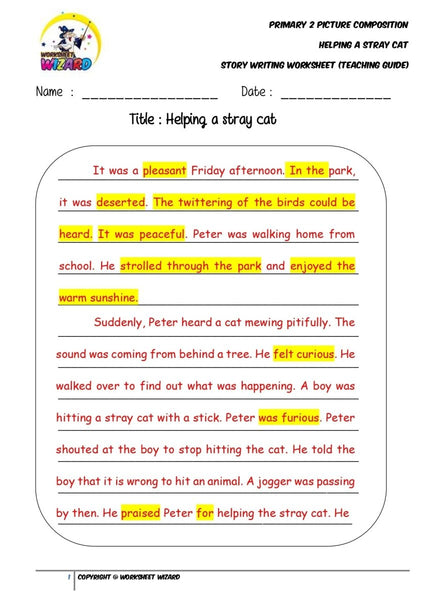 Model Story Worksheet - Helping a stray cat - Worksheet Wizard