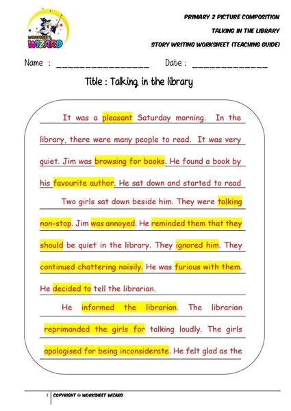 Model Story Worksheet - Talking in the library - Worksheet Wizard