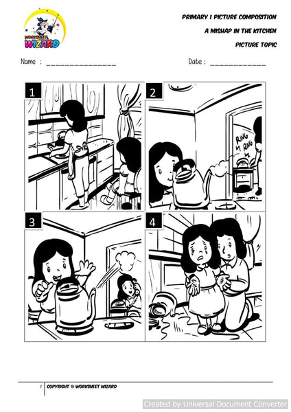 Picture composition topic for A Mishap in the Kitchen - Worksheet Wizard