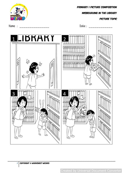 Picture composition topic for Misbehaving in the Library - Worksheet Wizard