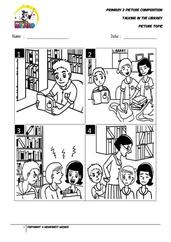 Picture composition topic for Talking in the library - Worksheet Wizard