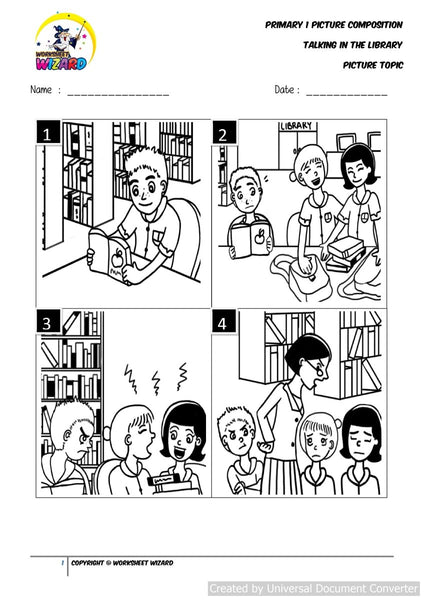 Picture composition topic for Talking in the library - Worksheet Wizard