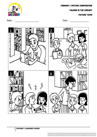 Picture composition topic for Talking in the library - Worksheet Wizard