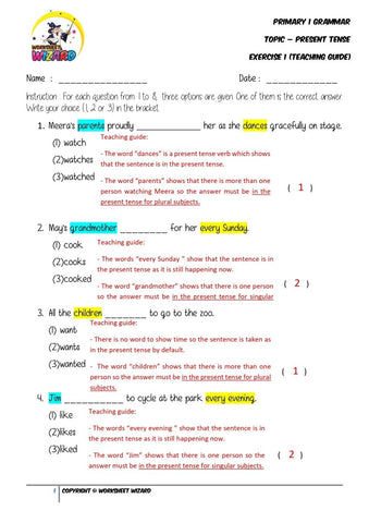 Present Tense Exercise 1 - Answer key and Teaching guide - Worksheet Wizard