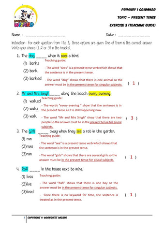 Present Tense Exercise 3 - Answer key and Teaching guide - Worksheet Wizard