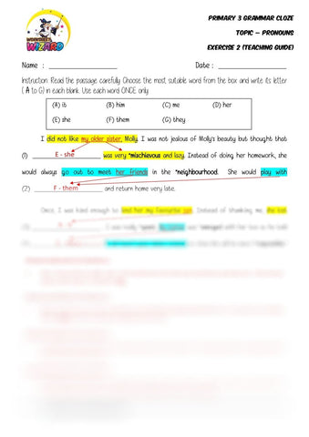 Pronouns Cloze 2 - Answer Key and Teaching Guide - Worksheet Wizard