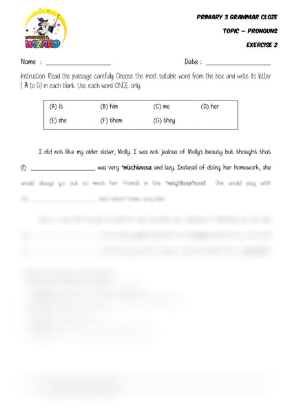 Pronouns Cloze 2 - Student Worksheet - Worksheet Wizard