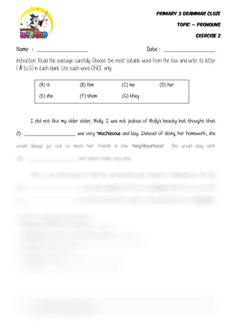 Pronouns Cloze 2 - Student Worksheet - Worksheet Wizard