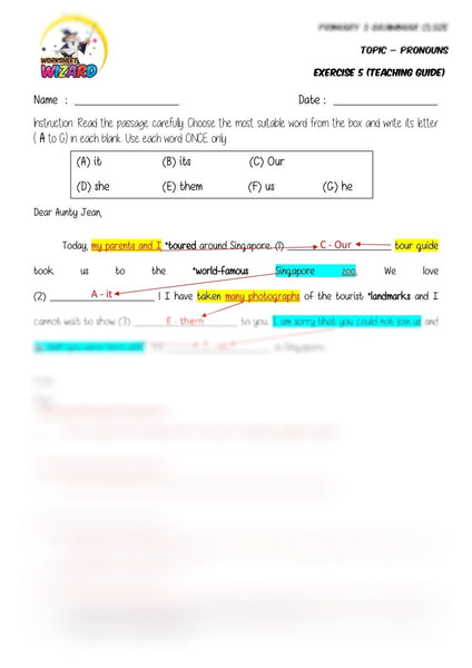 Pronouns Cloze 5 - Answer Key and Teaching Guide - Worksheet Wizard