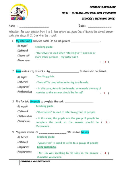 Pronouns Exercise 1 - Answer Key and Teaching Guide - Worksheet Wizard