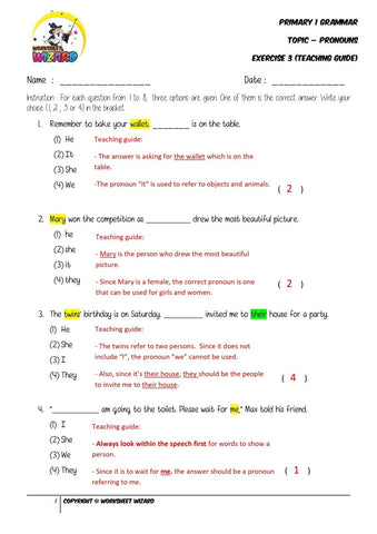 Pronouns Exercise 3 - Answer key and Teaching guide - Worksheet Wizard