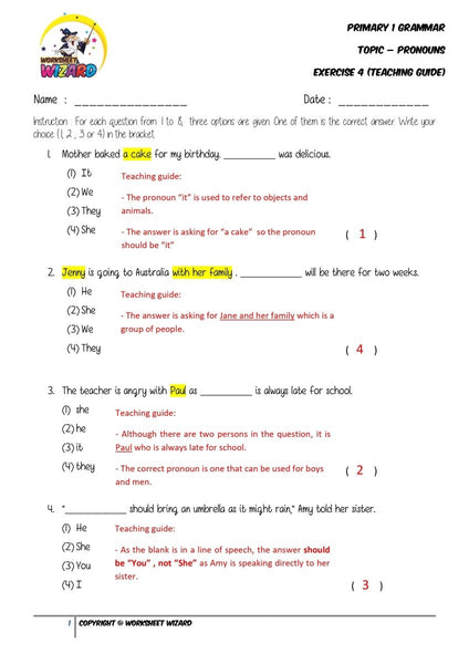 Pronouns Exercise 4 - Answer key and Teaching guide - Worksheet Wizard