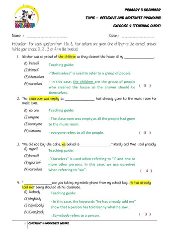 Pronouns Exercise 4 - Answer Key and Teaching Guide - Worksheet Wizard