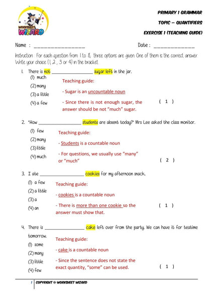 Quantifiers Exercise 1 - Answer key and Teaching guide - Worksheet Wizard