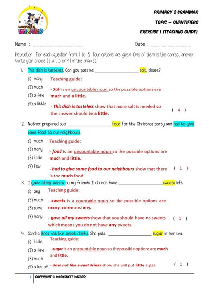 Quantifiers Exercise 1 - Answer key and Teaching guide - Worksheet Wizard