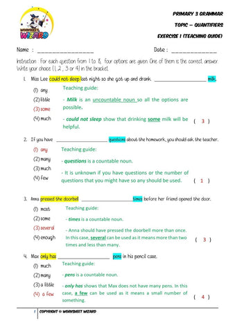 Quantifiers Exercise 1 - Answer Key and Teaching Guide - Worksheet Wizard