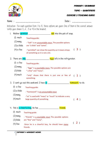 Quantifiers Exercise 2 - Answer key and Teaching guide - Worksheet Wizard