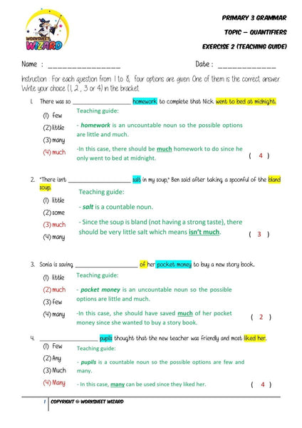 Quantifiers Exercise 2 - Answer Key and Teaching Guide - Worksheet Wizard