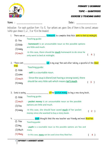 Quantifiers Exercise 2 - Answer Key and Teaching Guide - Worksheet Wizard