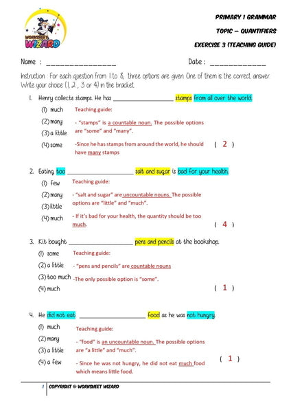 Quantifiers Exercise 3 - Answer key and Teaching guide - Worksheet Wizard