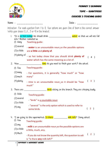 Quantifiers Exercise 3- Answer key and Teaching guide - Worksheet Wizard