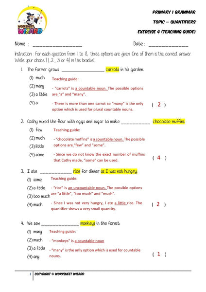 Quantifiers Exercise 4 - Answer key and Teaching guide - Worksheet Wizard