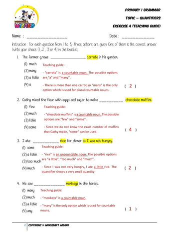 Quantifiers Exercise 4 - Answer key and Teaching guide - Worksheet Wizard