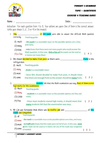 Quantifiers Exercise 4 - Answer Key and Teaching Guide - Worksheet Wizard