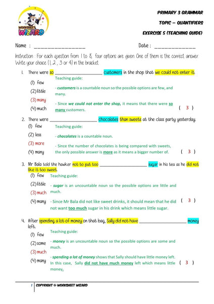 Quantifiers Exercise 5 - Answer Key and Teaching Guide - Worksheet Wizard