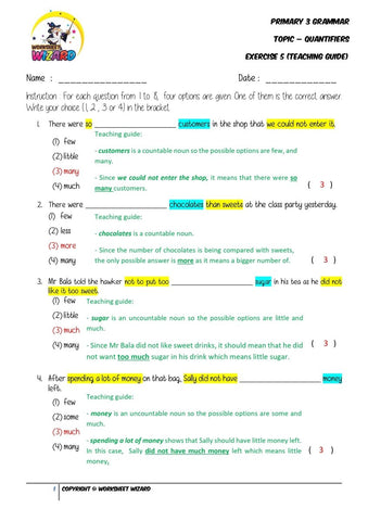 Quantifiers Exercise 5 - Answer Key and Teaching Guide - Worksheet Wizard