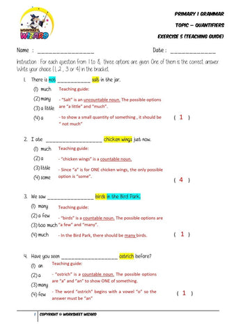 Quantifiers Exercise 5 - Answer key and Teaching guide - Worksheet Wizard