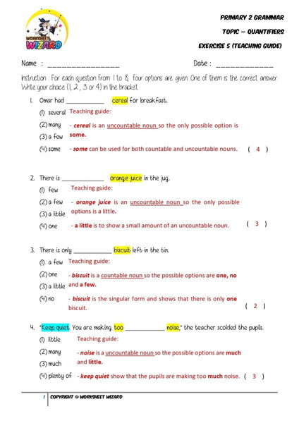 Quantifiers Exercise 5- Answer key and Teaching guide - Worksheet Wizard