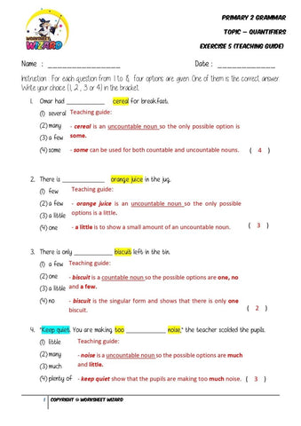 Quantifiers Exercise 5- Answer key and Teaching guide - Worksheet Wizard