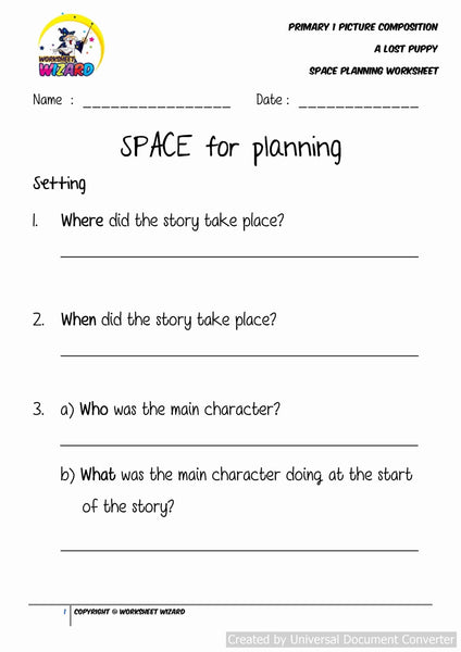 SPACE Planning worksheet for A Lost Puppy - Worksheet Wizard