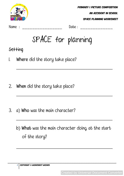 SPACE Planning worksheet for An Accident in School - Worksheet Wizard