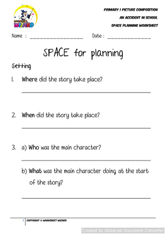 SPACE Planning worksheet for An Accident in School - Worksheet Wizard