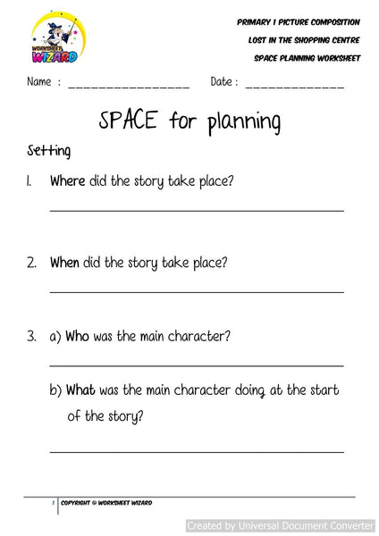 SPACE Planning worksheet for Lost in the shopping centre - Worksheet Wizard