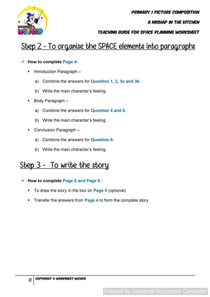 Teaching Guide for SPACE Planning worksheet for A Mishap in the Kitchen - Worksheet Wizard