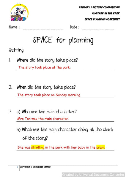 Teaching Guide for SPACE Planning worksheet for A Mishap in the Park - Worksheet Wizard