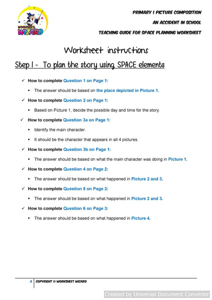 Teaching Guide for SPACE Planning worksheet for An Accident in School - Worksheet Wizard