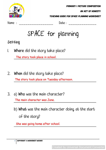 Teaching Guide for SPACE Planning worksheet for An Act of Honesty - Worksheet Wizard